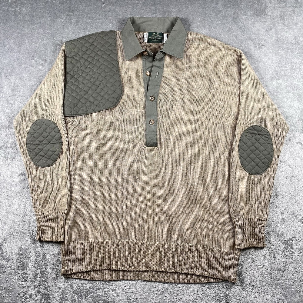 Vintage Willis & Geiger Sweater Mens L Collared Knit Shooting Elbow Patch Safari